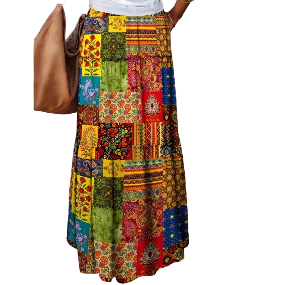 Long Maxi Skirt Medium Colorful Patchwork Print Bohemian Style Skirts Outfit - Picture 7 of 7